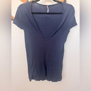 Free People Blue V-Neck Ribbed Top